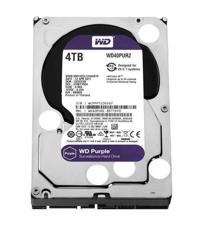 Жесткий диск 3.5" 4TB WD Purple (WD40PURZ) (5400об/м, 64MB, SATA600, для систем видеонаблюдения до 64 камер в режиме 24x7, AF 4Kn) OEM