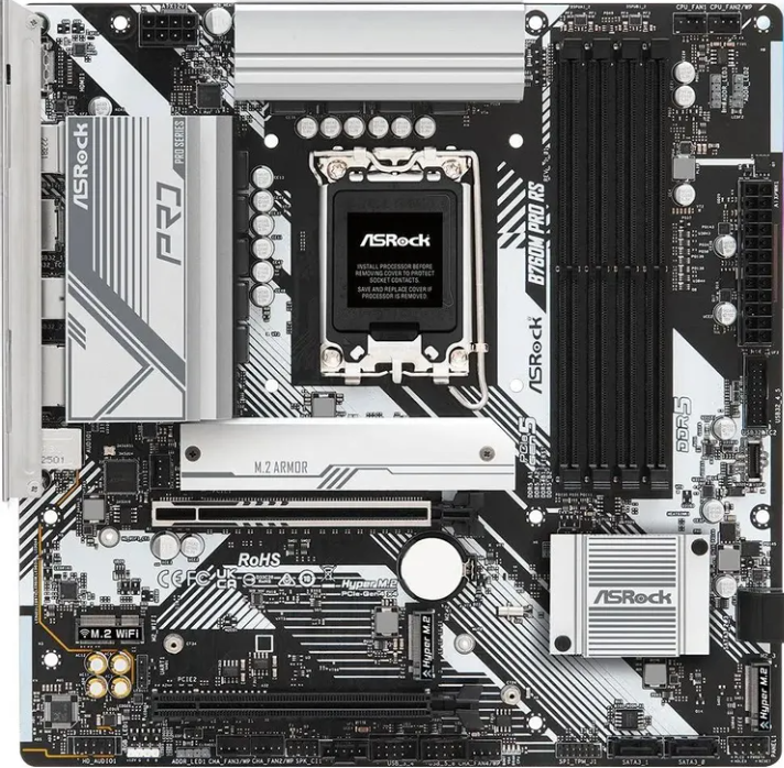 Материнская плата ASRock B760M Pro RS Retail (Intel B760, S-1700, mATX, 4xDDR5-7200*, 4xSATA, 3xM.2, 2xPCIEx16, HDMI/DP)
